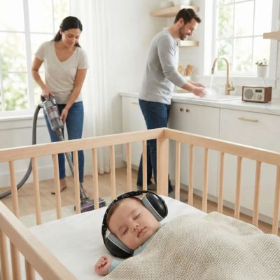Bébé avec casque anti bruit bébé dormant papa maman ménage