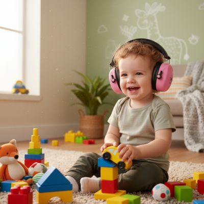 Bébé casque anti bruit bébé rose jouant sol