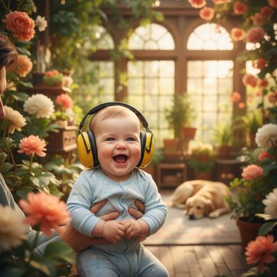 Bébé jardin intérieur chien casque anti bruit bébé jaune