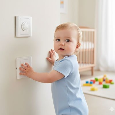 cache prise bébé debout touchant chambre enfant jouet lit