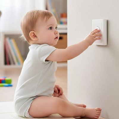 cache prise bébé observant touchant livre jouets