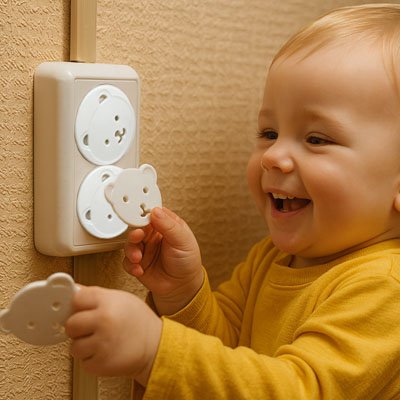 Cache prise garçon souriant couvercle petit ourson protection main 