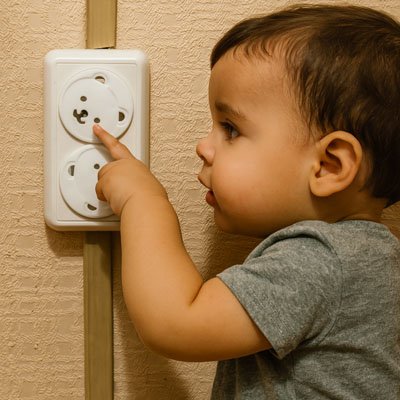 cache prise petit ourson enfant touchant du doigt vue rapprochée