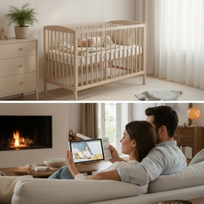 cam bebe parent divan salon regarde écran main feux foyer