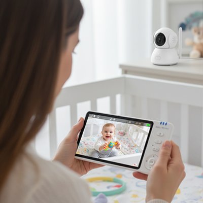 camera bebe main maman regardant bébé assis lit chambre