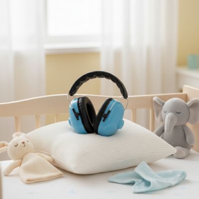 Casque anti bruit bébé bleu oreiller chambre toutou