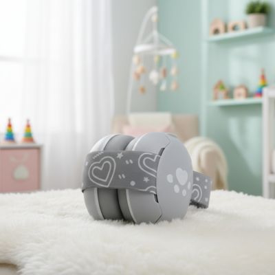 Casque anti bruit bébé gris cœur sur lit blanc