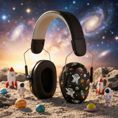 Casque anti bruit bébé noir astronaute univers planete 