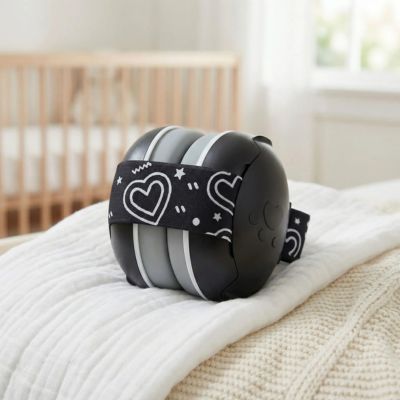 Casque anti bruit bébé noir cœur sur lit confortable