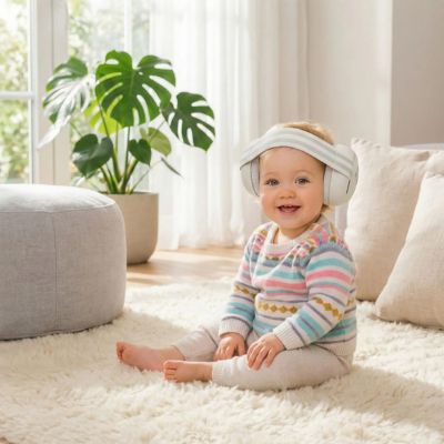 Enfant casque anti bruit bébé blanc amour assis sur tapis doux