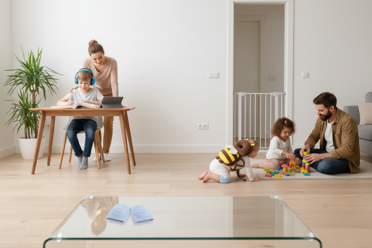 Famille avec coussin bébé casque anti bruit enfant cache prise
