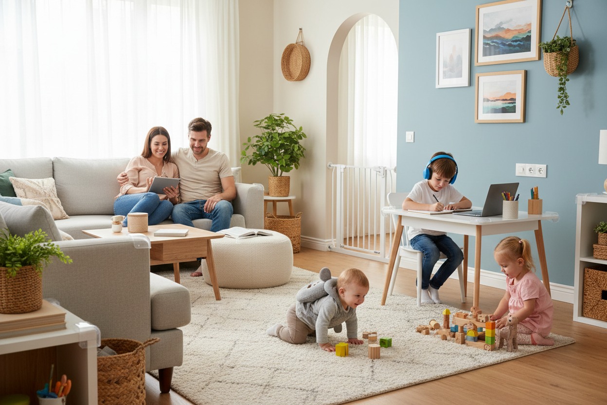 Famille dans salon avec bébé portant coussin protecteur