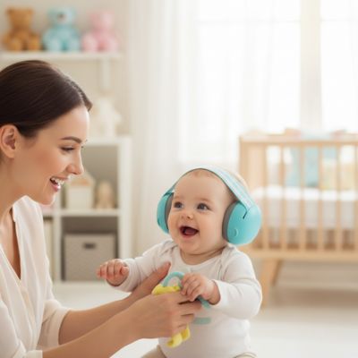 Garçon casque anti bruit bébé bleu avec maman